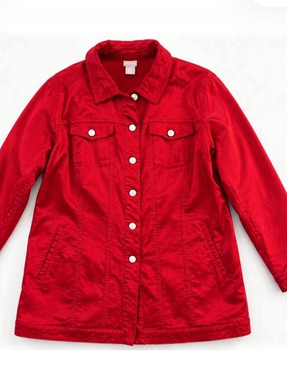 NWT CHICO'S Elongated Classic Velveteen Jacket Red Button Up Stretch Size 3P